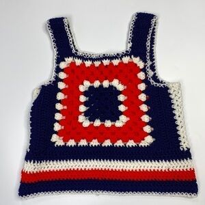 Crochet Knitted Granny Square Red White & Blue Tank Top